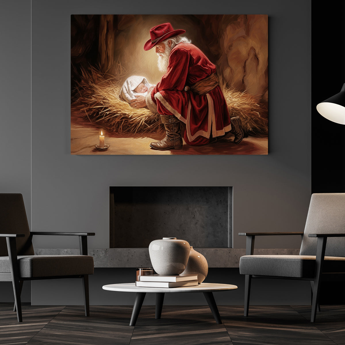 Christmas Western Nativity Canvas Painting, Cowboy Santa Holding Baby Jesus In Manger Wall Art Decor, Xmas Poster Gift For Cowboys