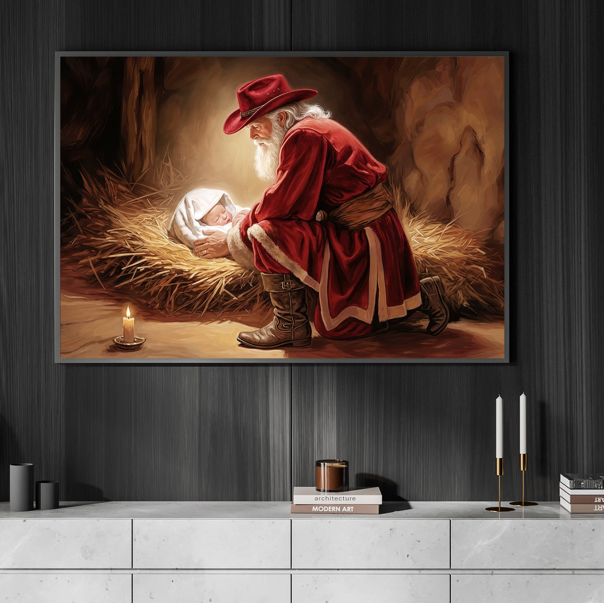 Christmas Western Nativity Canvas Painting, Cowboy Santa Holding Baby Jesus In Manger Wall Art Decor, Xmas Poster Gift For Cowboys