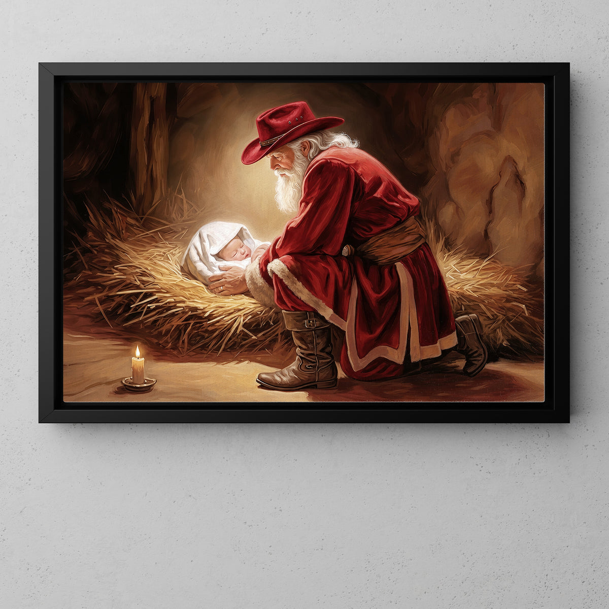 Christmas Western Nativity Canvas Painting, Cowboy Santa Holding Baby Jesus In Manger Wall Art Decor, Xmas Poster Gift For Cowboys