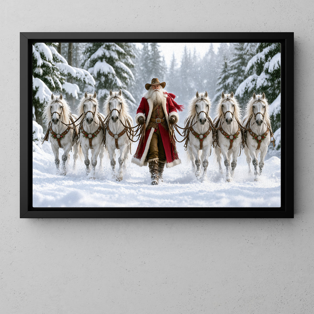 Christmas Cowboy Canvas Painting, Western Santa Claus With Six White Horses Wall Art Decor, Xmas Poster Gift For Horse Lover
