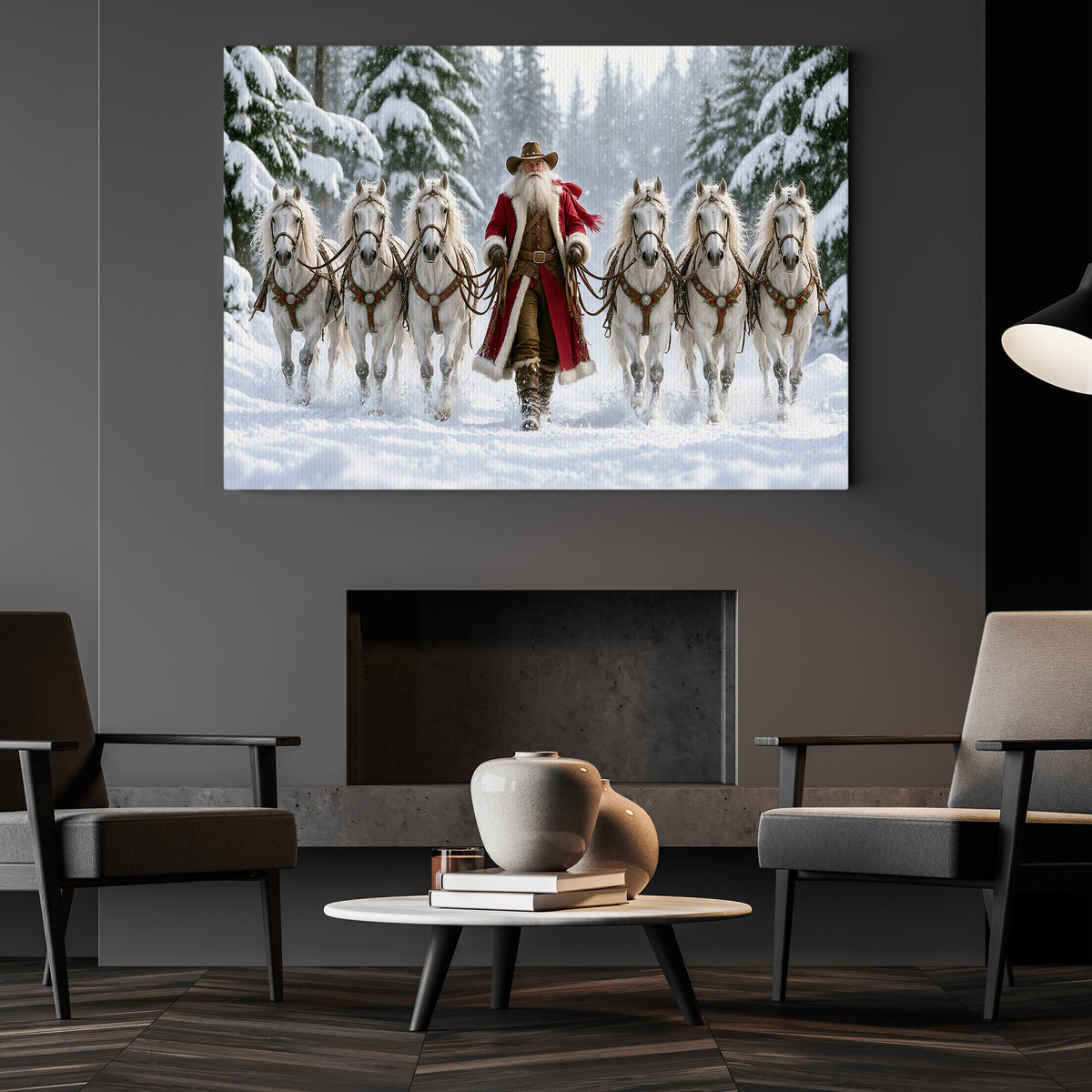 Christmas Cowboy Canvas Painting, Western Santa Claus With Six White Horses Wall Art Decor, Xmas Poster Gift For Horse Lover