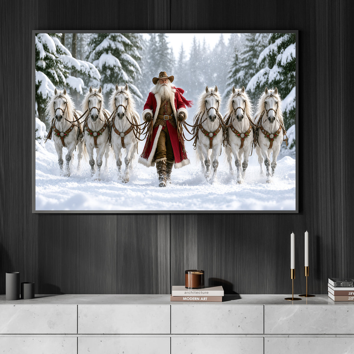Christmas Cowboy Canvas Painting, Western Santa Claus With Six White Horses Wall Art Decor, Xmas Poster Gift For Horse Lover