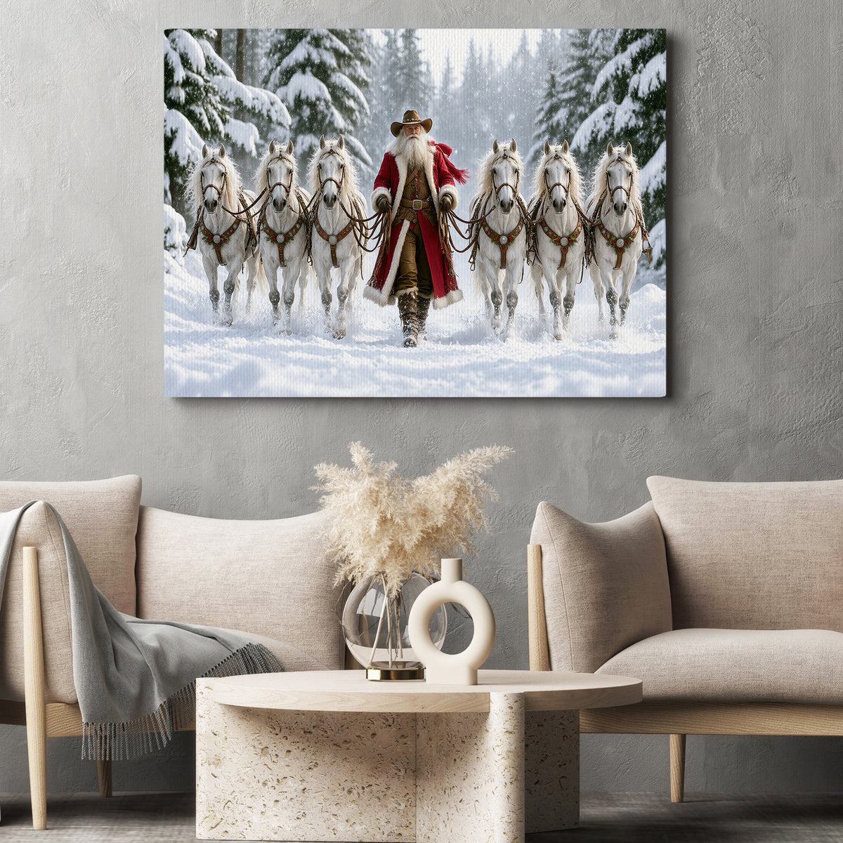 Christmas Cowboy Canvas Painting, Western Santa Claus With Six White Horses Wall Art Decor, Xmas Poster Gift For Horse Lover
