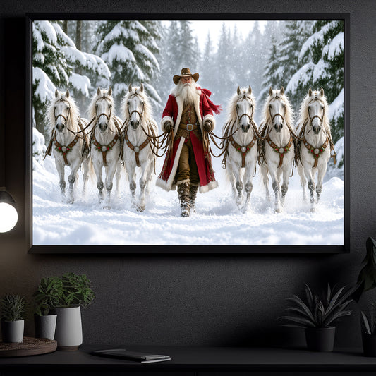 Christmas Cowboy Canvas Painting, Western Santa Claus With Six White Horses Wall Art Decor, Xmas Poster Gift For Horse Lover