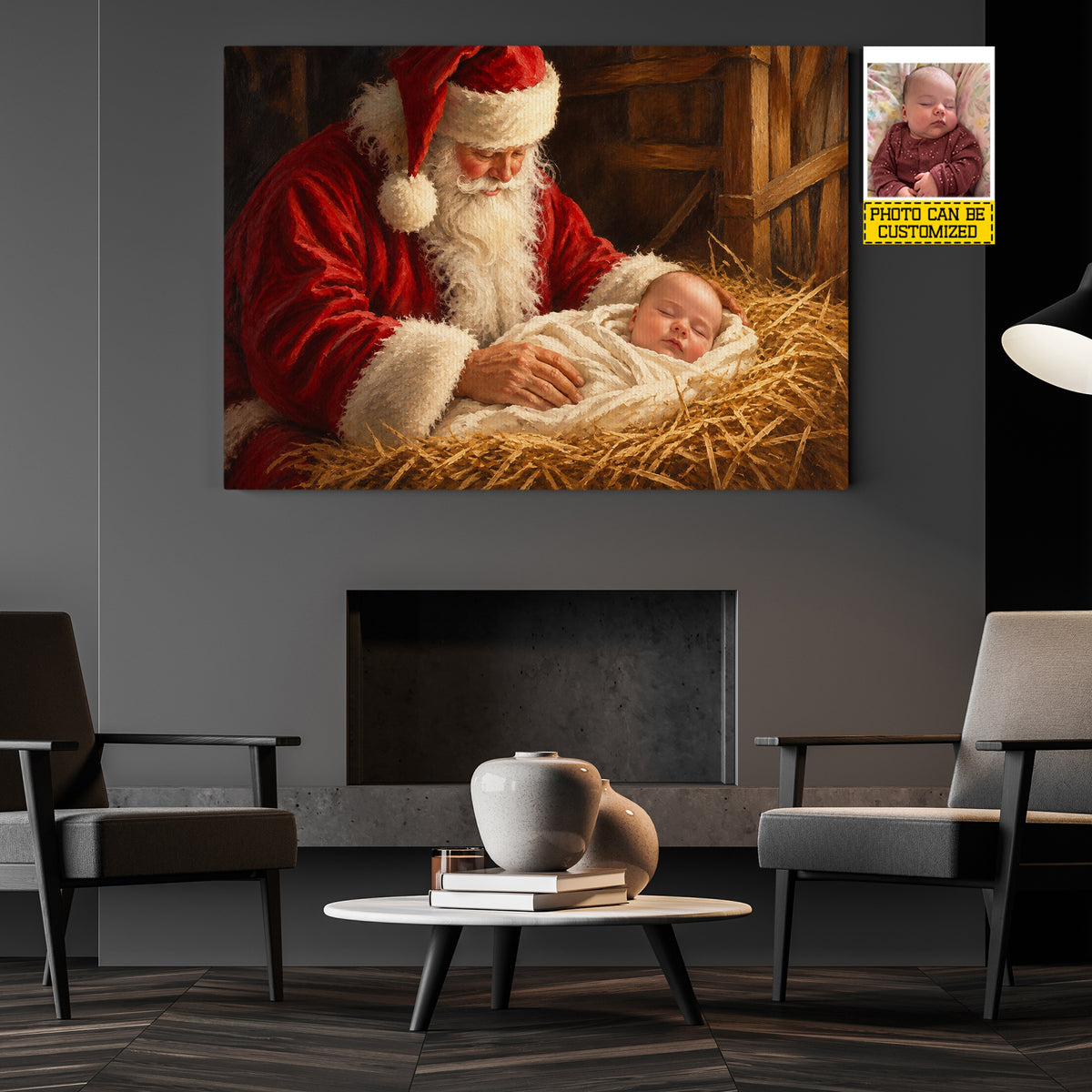 Personalized Christmas Santa And Baby Canvas Painting, Baby's First Christmas Keepsake Wall Art Decor, Xmas Poster Gift