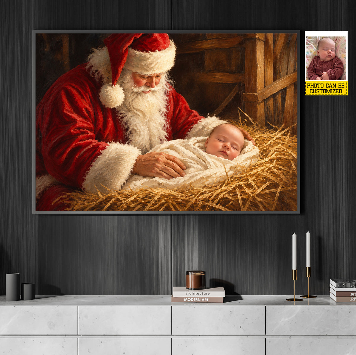 Personalized Christmas Santa And Baby Canvas Painting, Baby's First Christmas Keepsake Wall Art Decor, Xmas Poster Gift