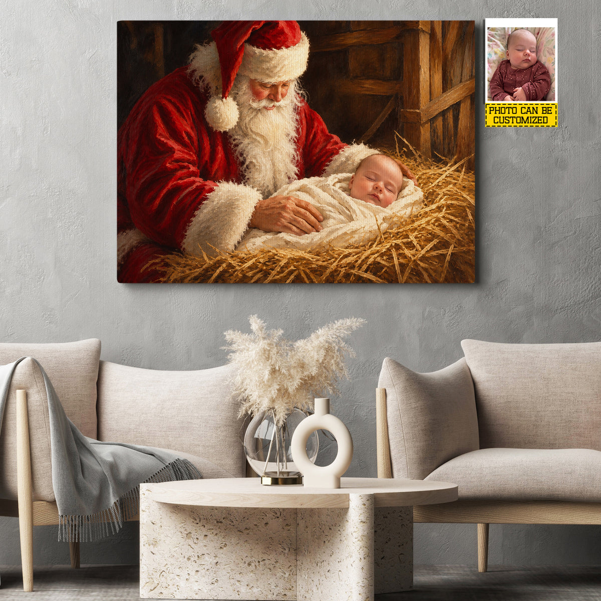 Personalized Christmas Santa And Baby Canvas Painting, Baby's First Christmas Keepsake Wall Art Decor, Xmas Poster Gift