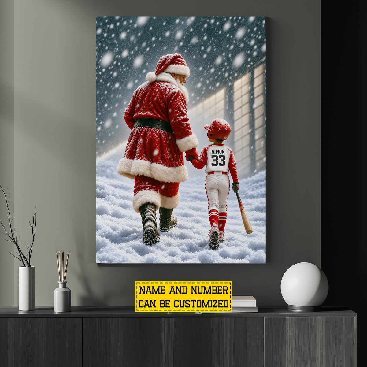 Personalized Christmas Baseball Canvas Painting, Santa's Little Baseball Star Sport Wall Art Decor, Xmas Poster Gift For Baseball Lover