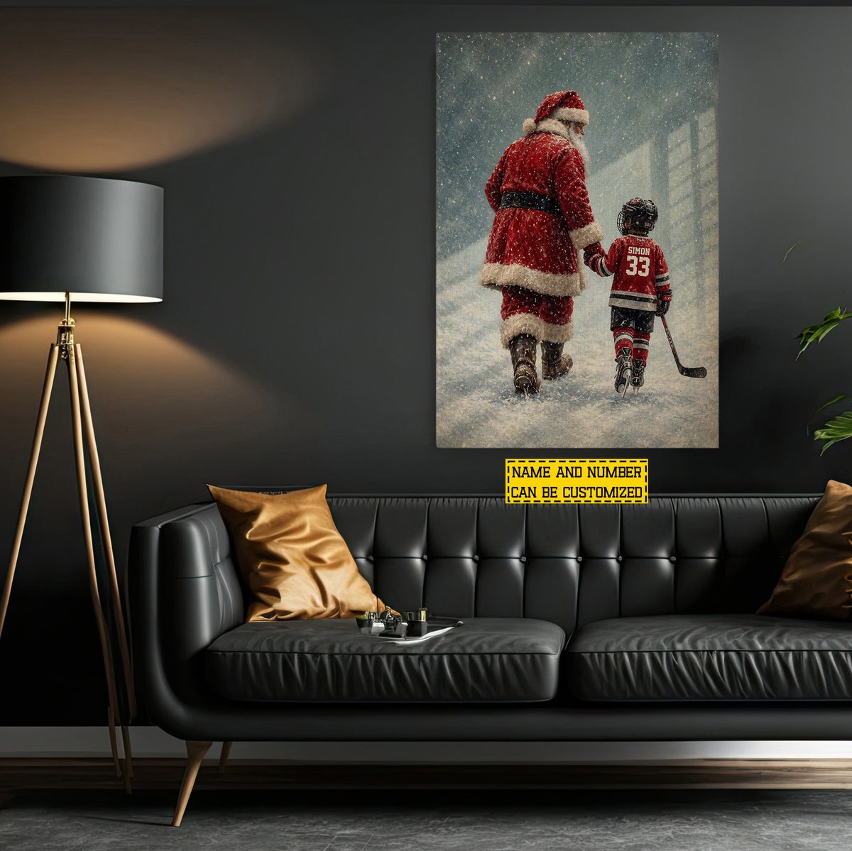 Personalized Christmas Hockey Canvas Painting, Santa's Little Hockey Star Sport Wall Art Decor, Xmas Poster Gift For Hockey Lover