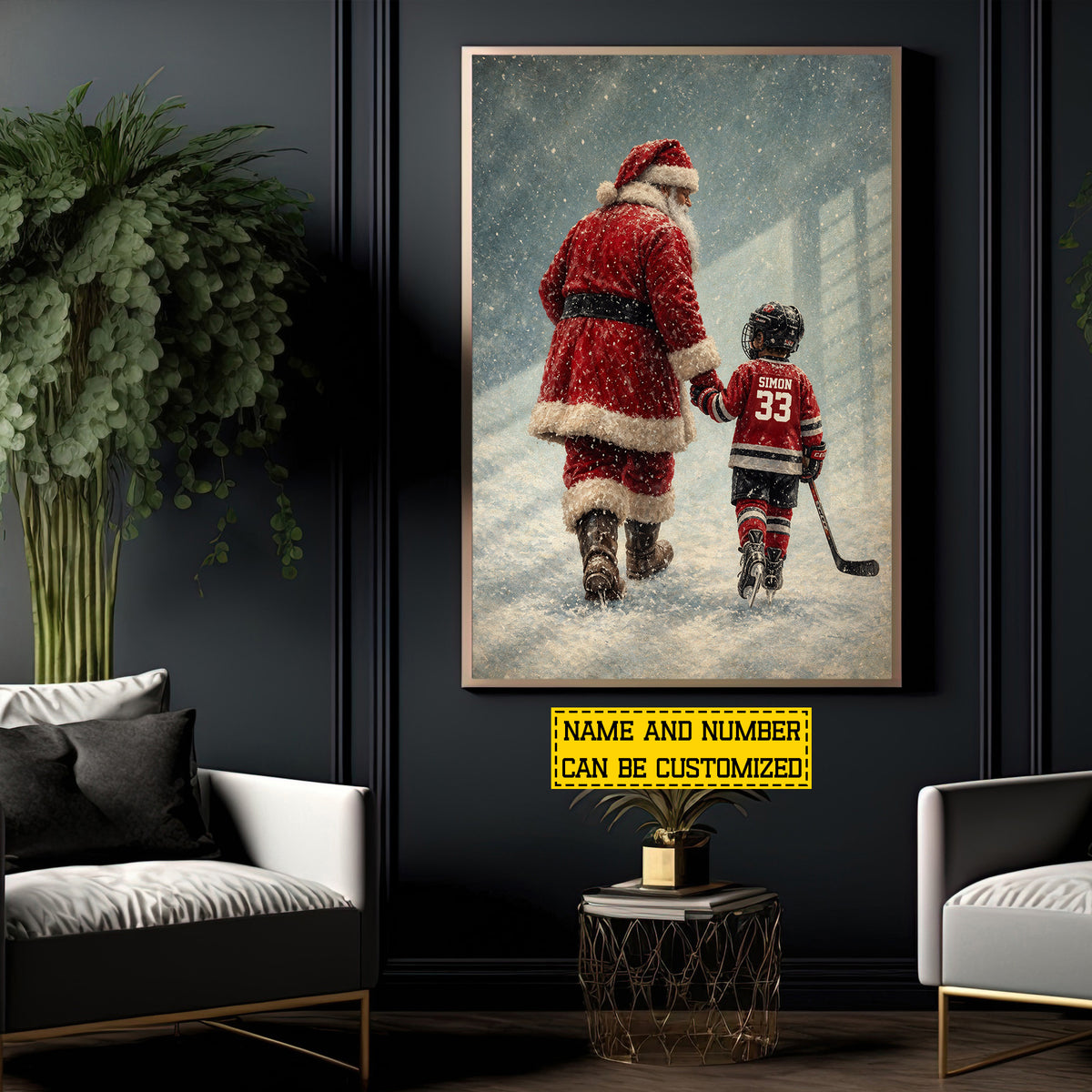 Personalized Christmas Hockey Canvas Painting, Santa's Little Hockey Star Sport Wall Art Decor, Xmas Poster Gift For Hockey Lover