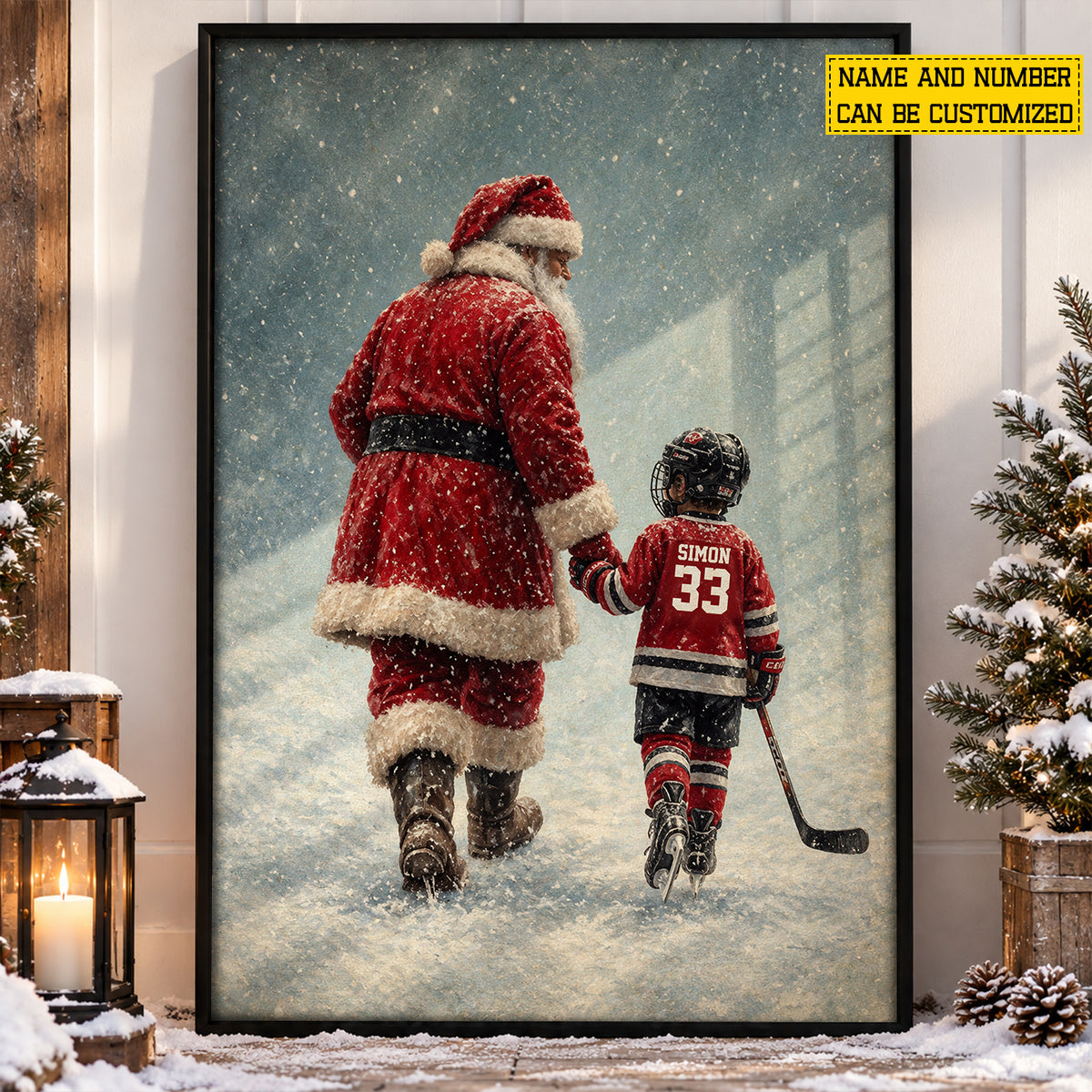 Personalized Christmas Hockey Canvas Painting, Santa's Little Hockey Star Sport Wall Art Decor, Xmas Poster Gift For Hockey Lover