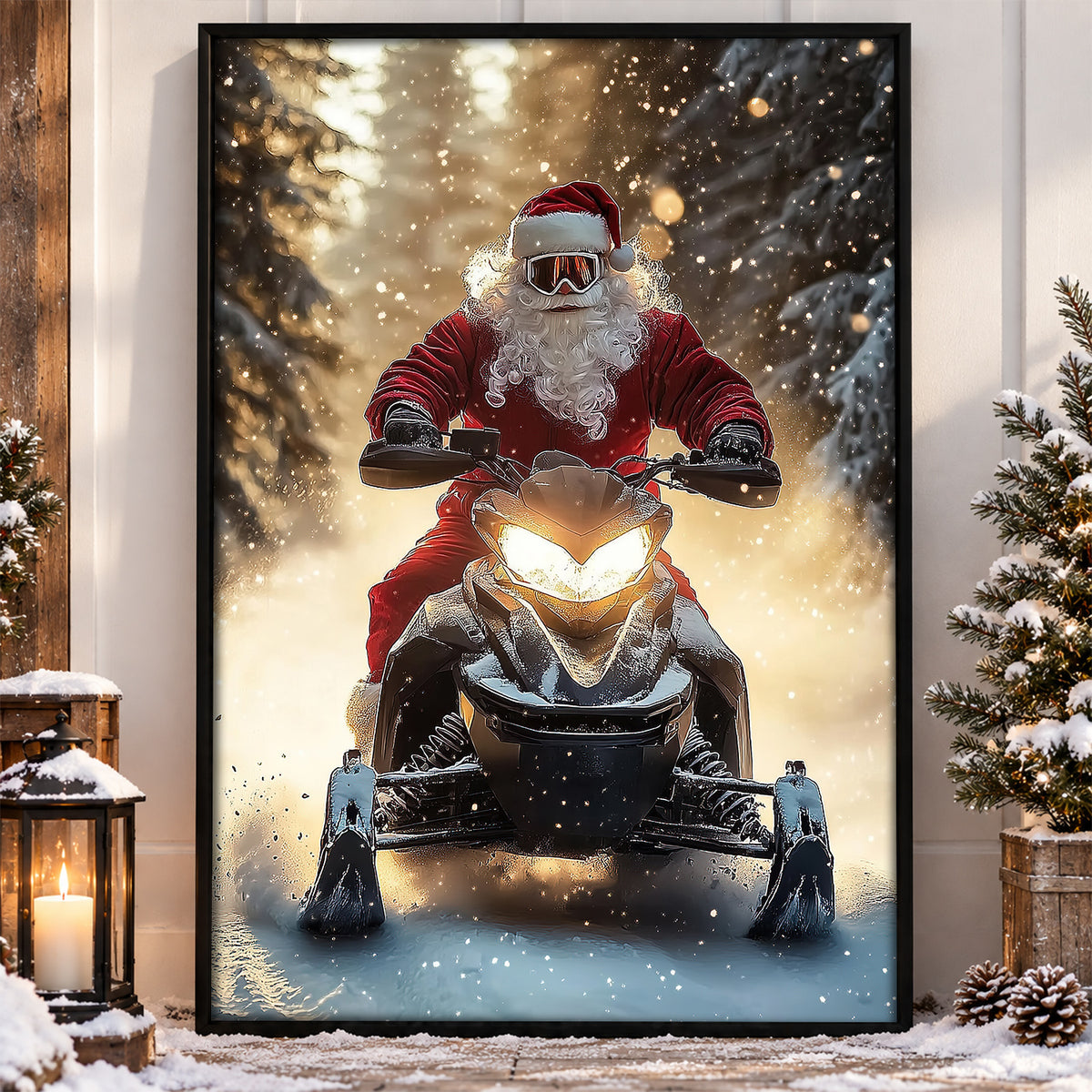 Christmas Santa Claus Snowmobile Canvas Painting, Santa Riding Snowmobile In Snow Wall Art Decor, Xmas Poster Gift For Snowmobiling Lover