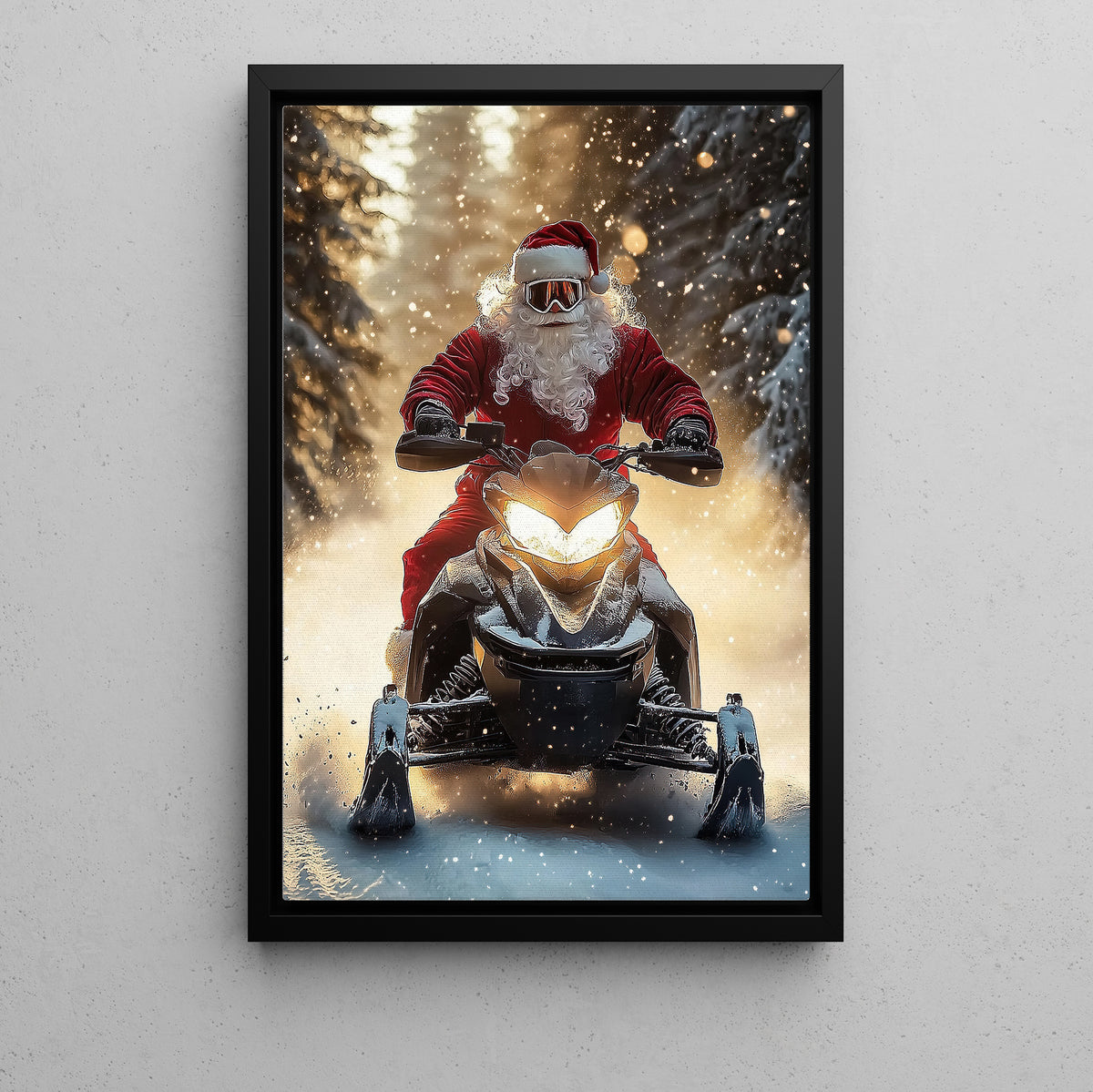Christmas Santa Claus Snowmobile Canvas Painting, Santa Riding Snowmobile In Snow Wall Art Decor, Xmas Poster Gift For Snowmobiling Lover