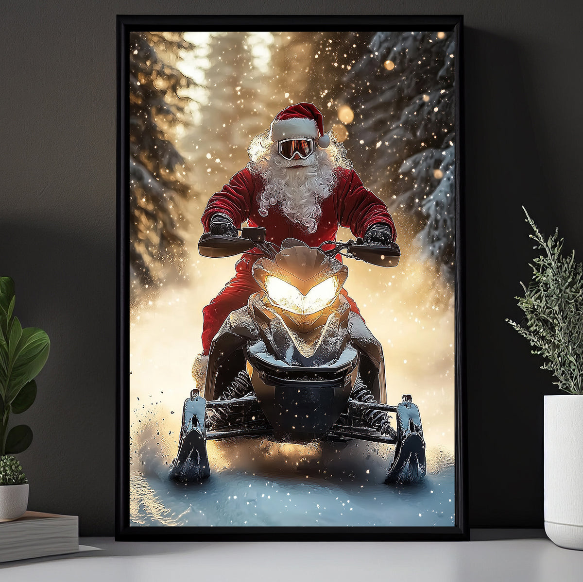 Christmas Santa Claus Snowmobile Canvas Painting, Santa Riding Snowmobile In Snow Wall Art Decor, Xmas Poster Gift For Snowmobiling Lover