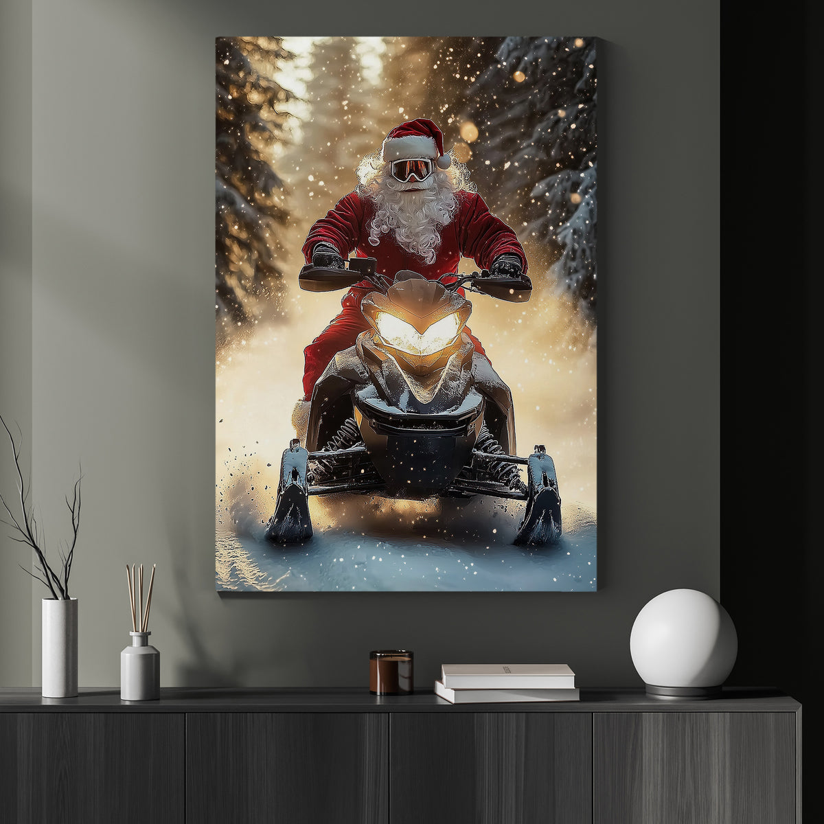 Christmas Santa Claus Snowmobile Canvas Painting, Santa Riding Snowmobile In Snow Wall Art Decor, Xmas Poster Gift For Snowmobiling Lover