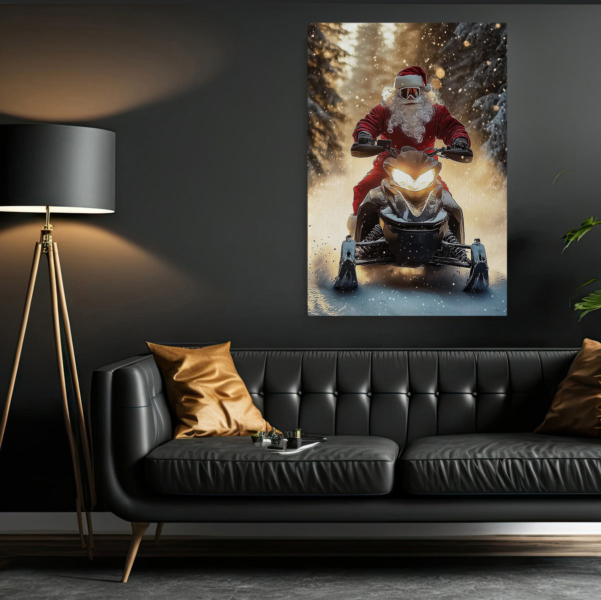 Christmas Santa Claus Snowmobile Canvas Painting, Santa Riding Snowmobile In Snow Wall Art Decor, Xmas Poster Gift For Snowmobiling Lover
