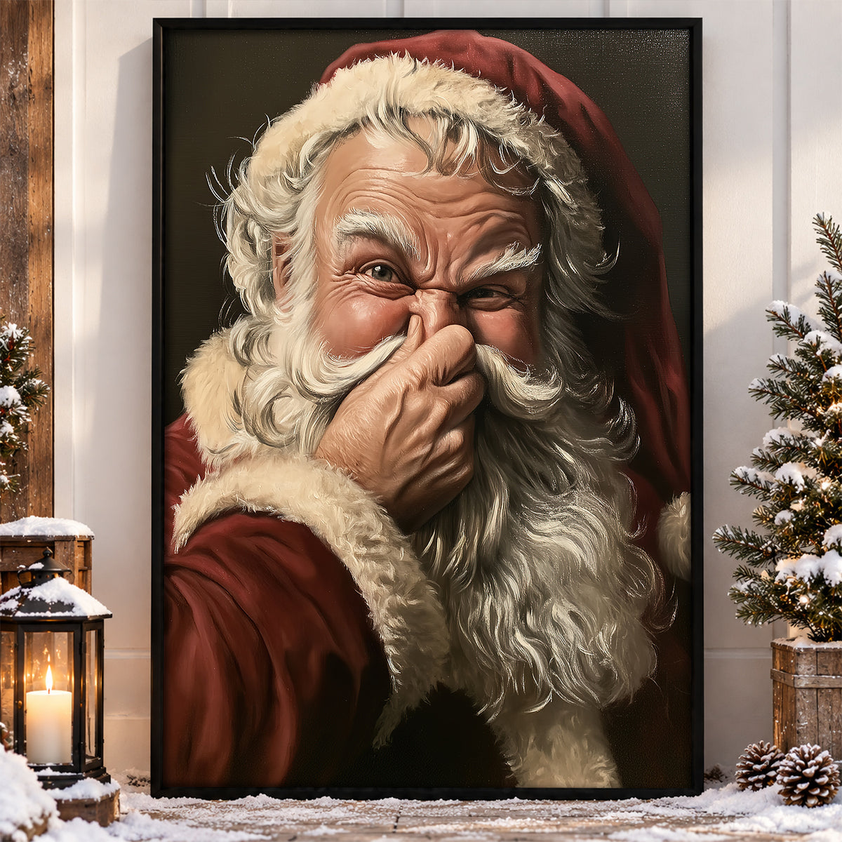 Funny Christmas Toilet Santa Claus Canvas Painting, Santa Smells Something Naughty Bathroom Wall Art Decor, Xmas Restroom Poster Gift