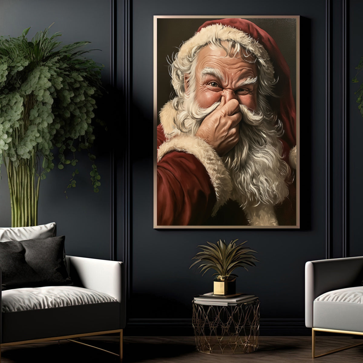 Funny Christmas Toilet Santa Claus Canvas Painting, Santa Smells Something Naughty Bathroom Wall Art Decor, Xmas Restroom Poster Gift