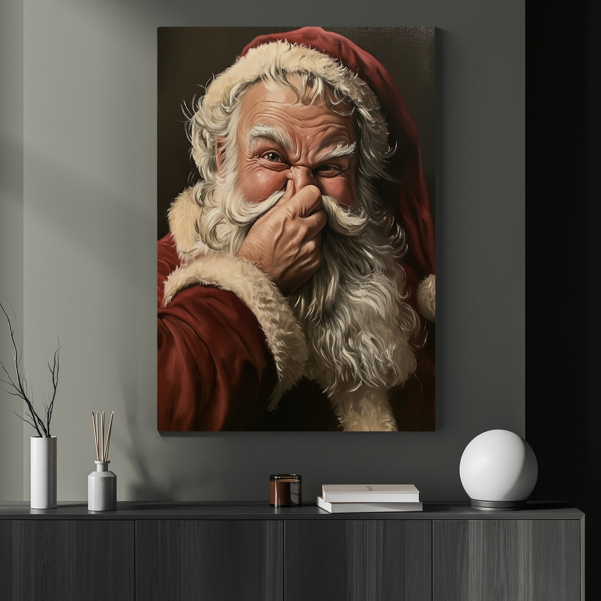Funny Christmas Toilet Santa Claus Canvas Painting, Santa Smells Something Naughty Bathroom Wall Art Decor, Xmas Restroom Poster Gift