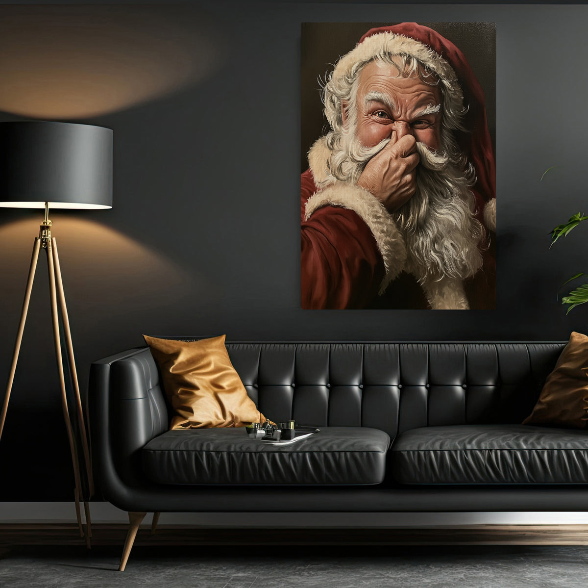 Funny Christmas Toilet Santa Claus Canvas Painting, Santa Smells Something Naughty Bathroom Wall Art Decor, Xmas Restroom Poster Gift