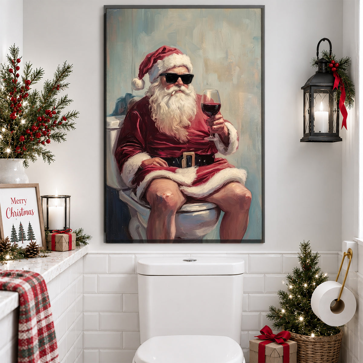 Funny Christmas Toilet Santa Claus Canvas Painting, Santa Drinking Wine Bathroom Wall Art Decor, Xmas Restroom Poster Gift