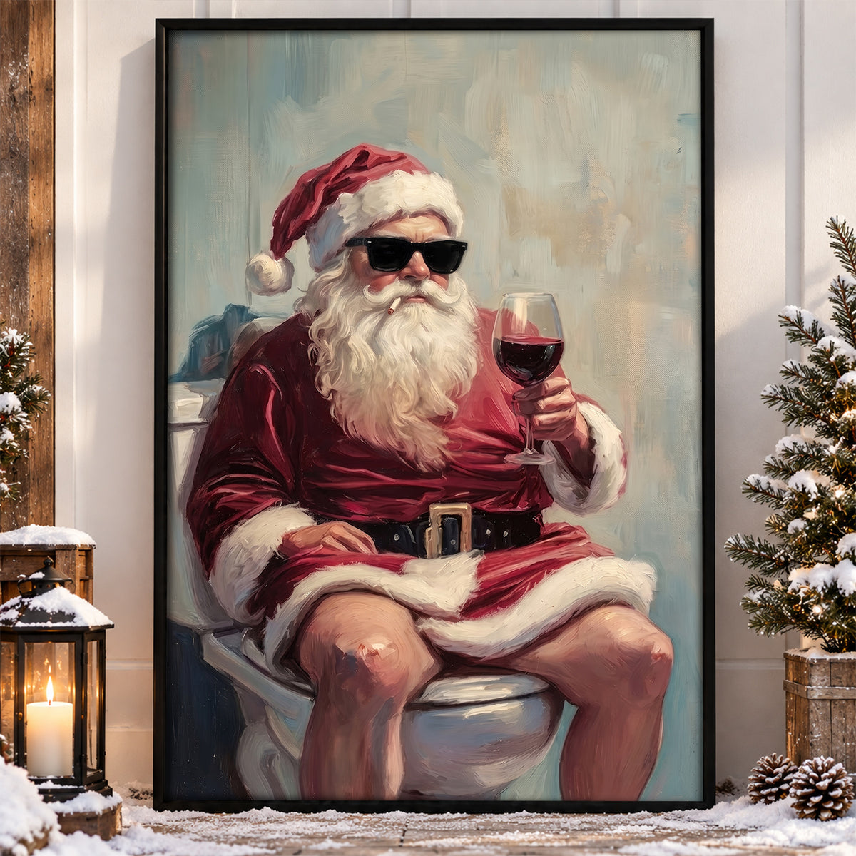 Funny Christmas Toilet Santa Claus Canvas Painting, Santa Drinking Wine Bathroom Wall Art Decor, Xmas Restroom Poster Gift