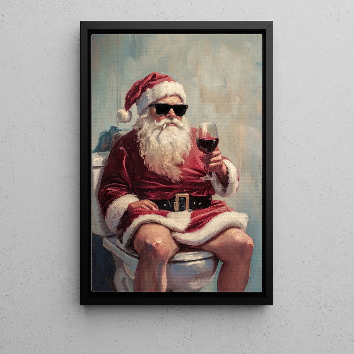 Funny Christmas Toilet Santa Claus Canvas Painting, Santa Drinking Wine Bathroom Wall Art Decor, Xmas Restroom Poster Gift