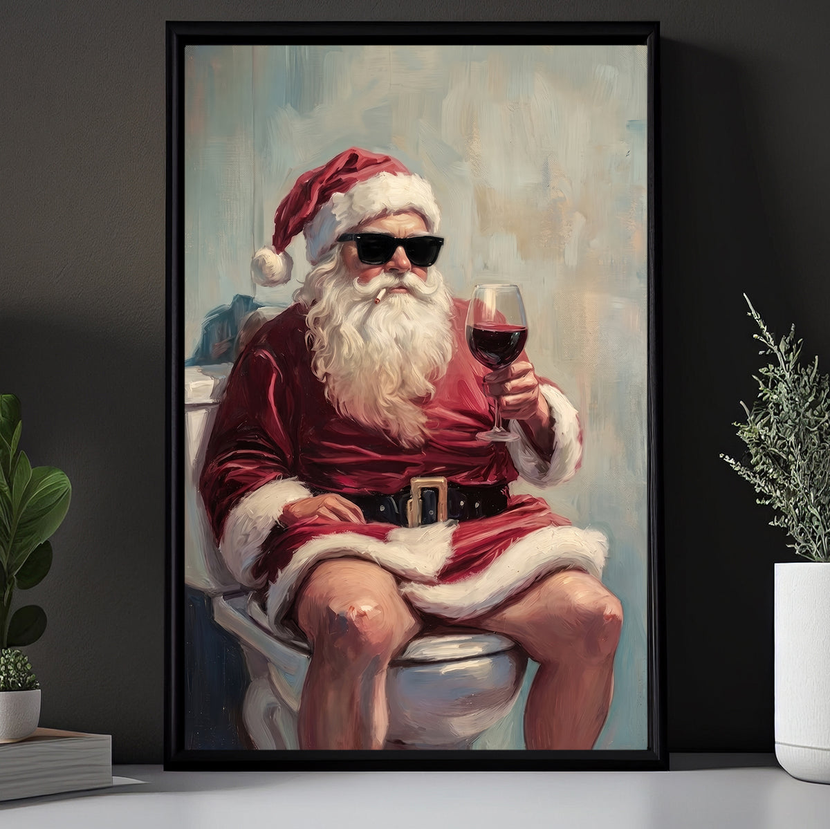 Funny Christmas Toilet Santa Claus Canvas Painting, Santa Drinking Wine Bathroom Wall Art Decor, Xmas Restroom Poster Gift
