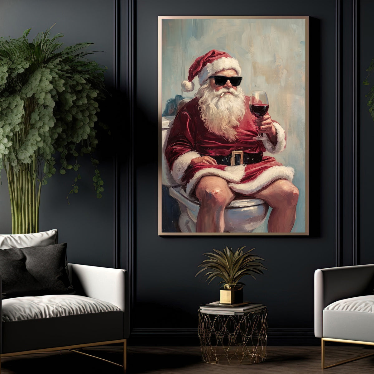 Funny Christmas Toilet Santa Claus Canvas Painting, Santa Drinking Wine Bathroom Wall Art Decor, Xmas Restroom Poster Gift