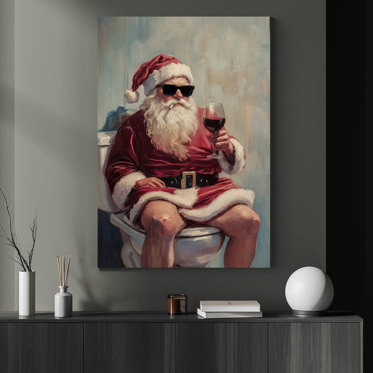 Funny Christmas Toilet Santa Claus Canvas Painting, Santa Drinking Wine Bathroom Wall Art Decor, Xmas Restroom Poster Gift