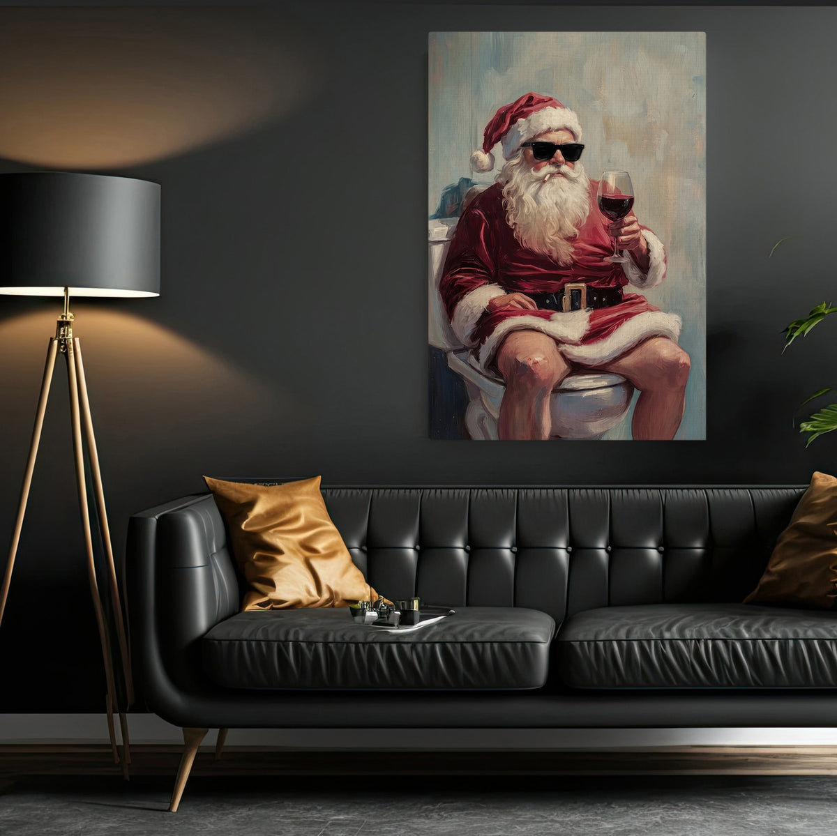 Funny Christmas Toilet Santa Claus Canvas Painting, Santa Drinking Wine Bathroom Wall Art Decor, Xmas Restroom Poster Gift