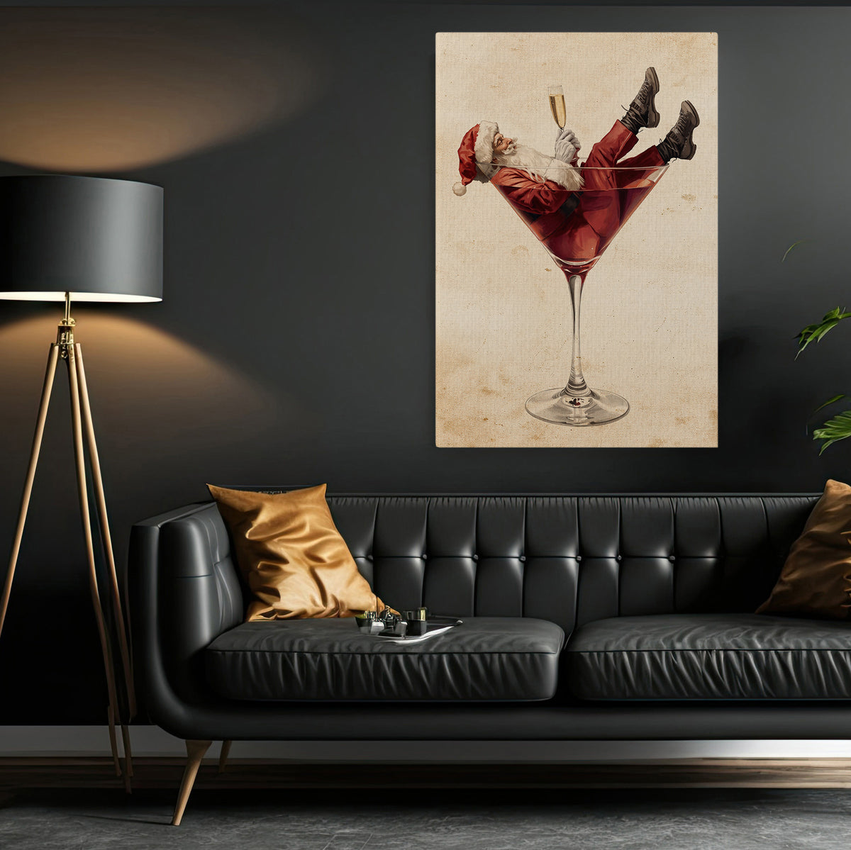 Funny Christmas Santa Claus Martini Canvas Painting, Santa's Happy Hour Wall Art Decor, Xmas Poster Gift For Wine Lover