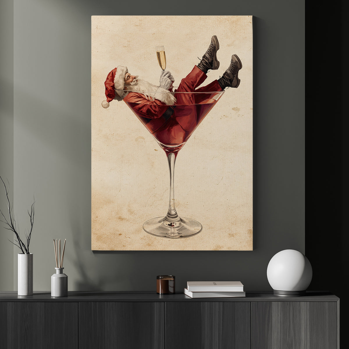 Funny Christmas Santa Claus Martini Canvas Painting, Santa's Happy Hour Wall Art Decor, Xmas Poster Gift For Wine Lover