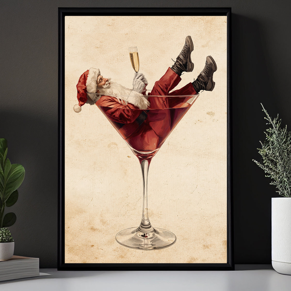 Funny Christmas Santa Claus Martini Canvas Painting, Santa's Happy Hour Wall Art Decor, Xmas Poster Gift For Wine Lover
