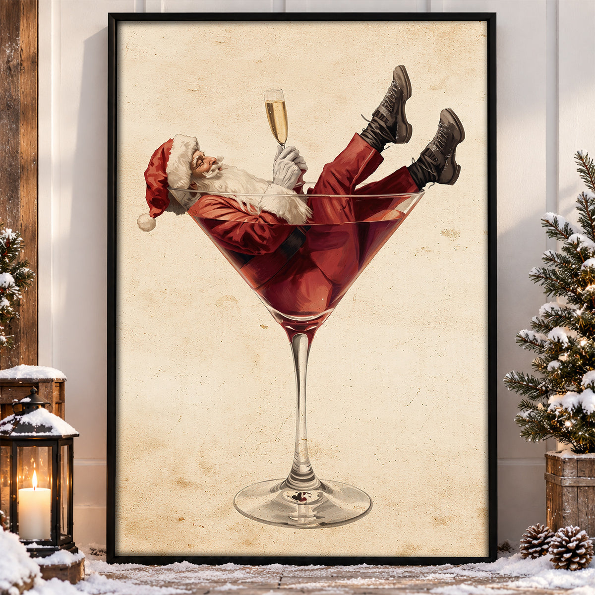 Funny Christmas Santa Claus Martini Canvas Painting, Santa's Happy Hour Wall Art Decor, Xmas Poster Gift For Wine Lover