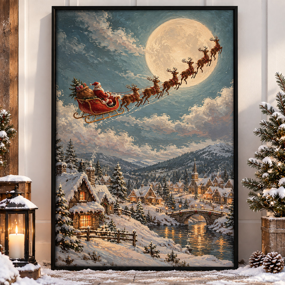 Christmas Santa Sleigh Canvas Painting, Santa & Reindeer Flying Over Snowy Village Wall Art Decor, Xmas Poster Gift