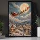 Christmas Santa Sleigh Canvas Painting, Santa & Reindeer Flying Over Snowy Village Wall Art Decor, Xmas Poster Gift