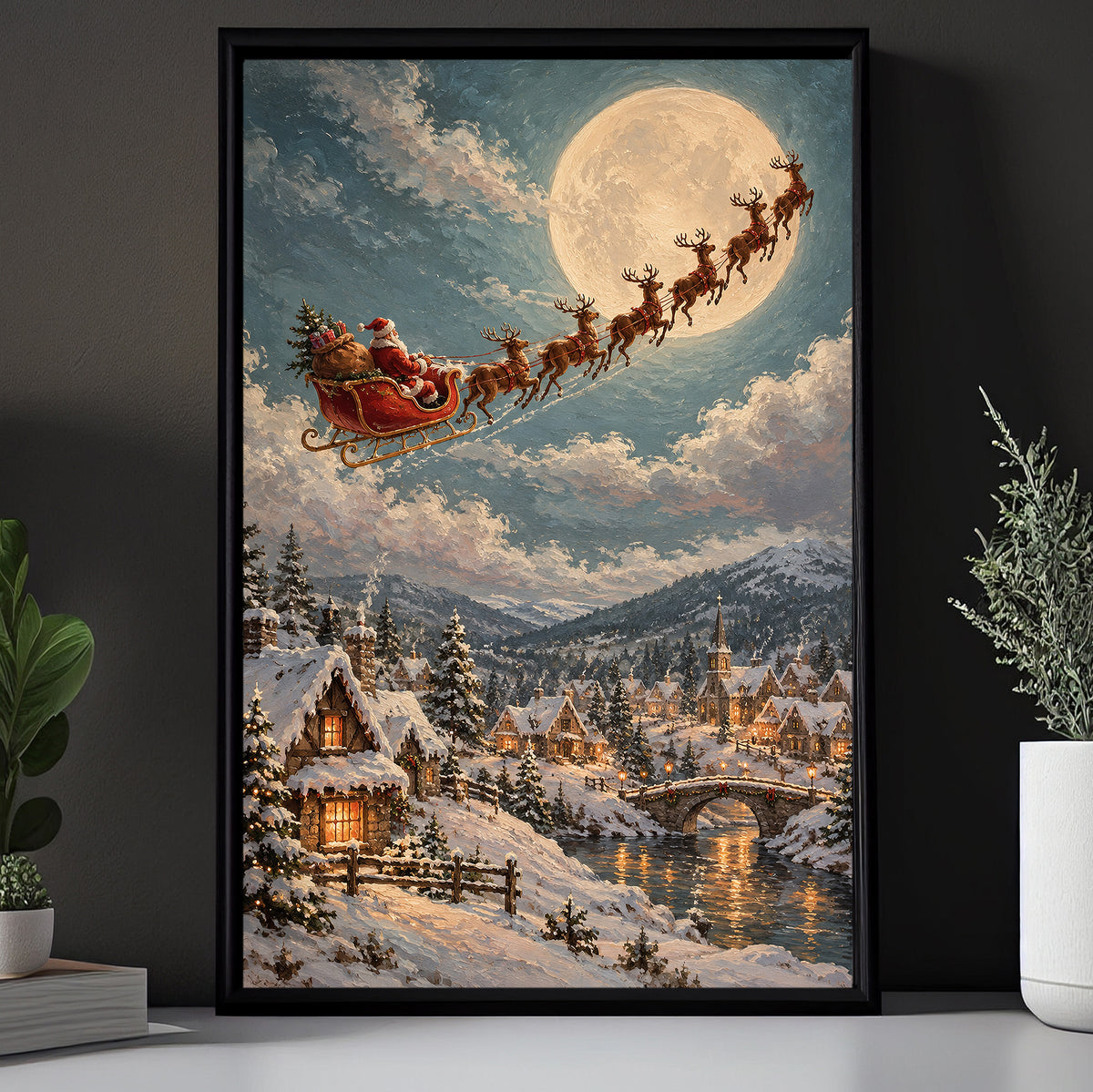 Christmas Santa Sleigh Canvas Painting, Santa & Reindeer Flying Over Snowy Village Wall Art Decor, Xmas Poster Gift