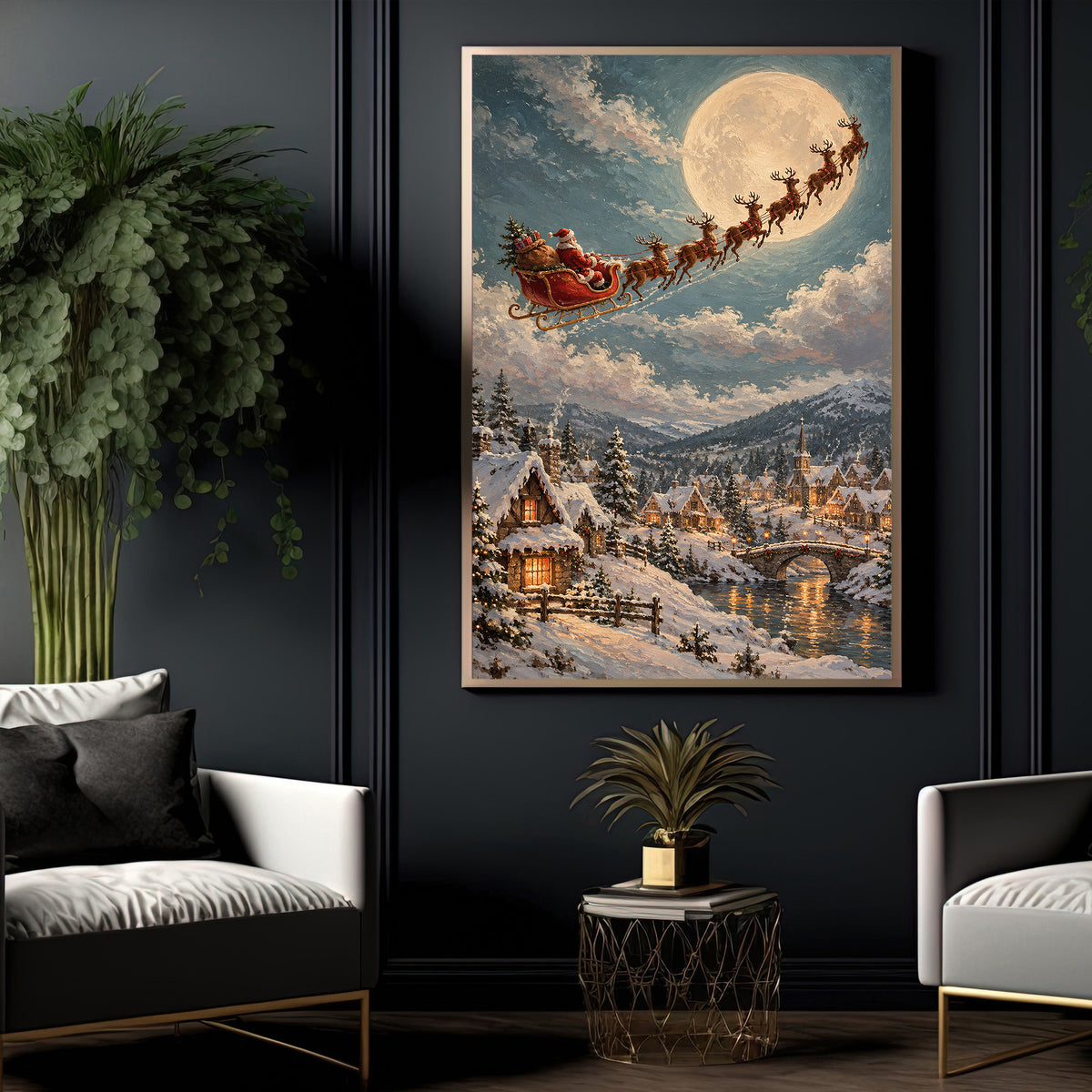 Christmas Santa Sleigh Canvas Painting, Santa & Reindeer Flying Over Snowy Village Wall Art Decor, Xmas Poster Gift