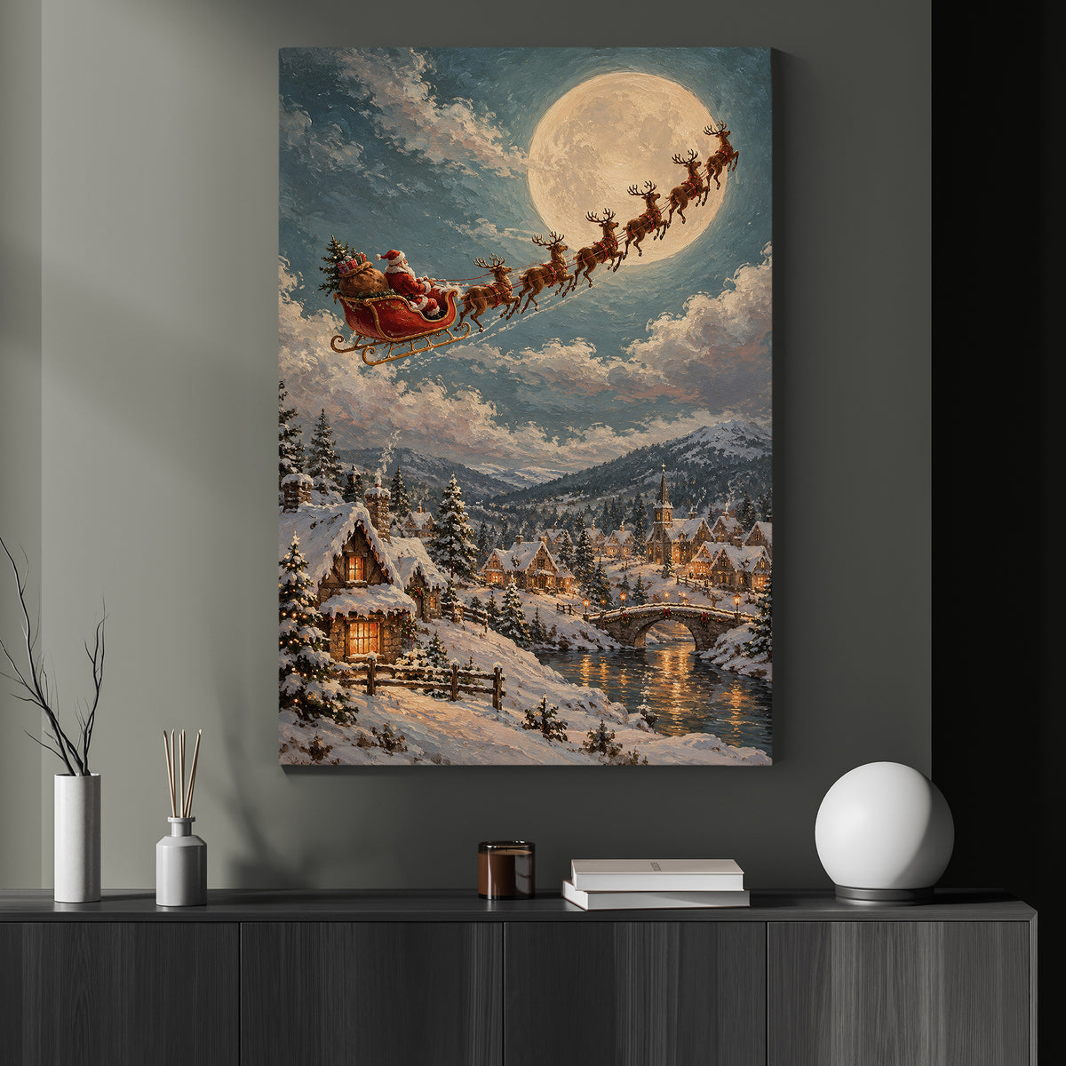 Christmas Santa Sleigh Canvas Painting, Santa & Reindeer Flying Over Snowy Village Wall Art Decor, Xmas Poster Gift