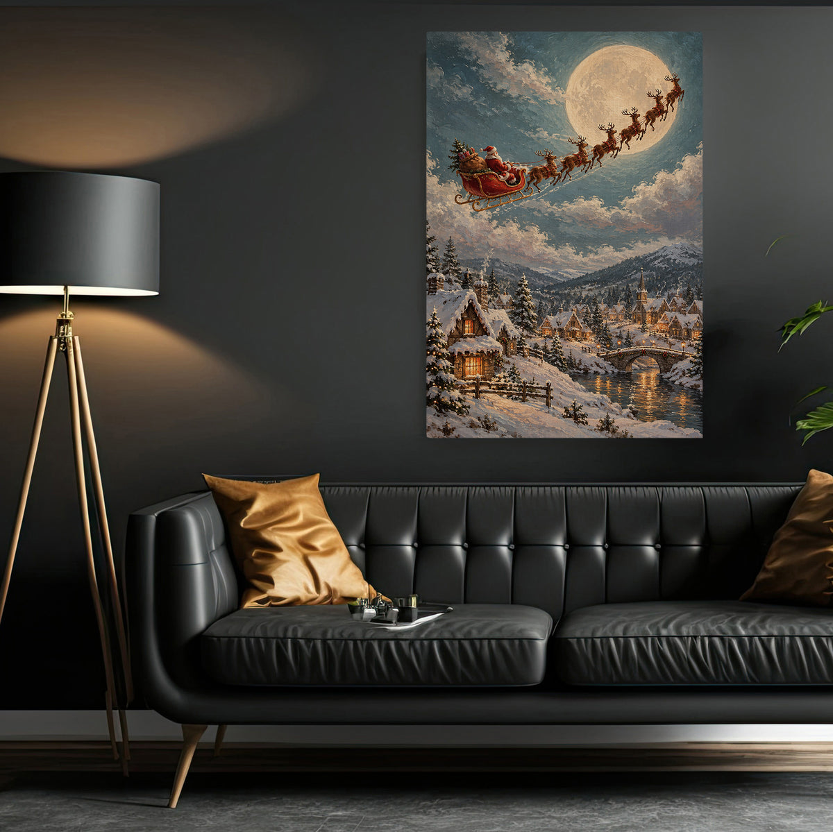 Christmas Santa Sleigh Canvas Painting, Santa & Reindeer Flying Over Snowy Village Wall Art Decor, Xmas Poster Gift