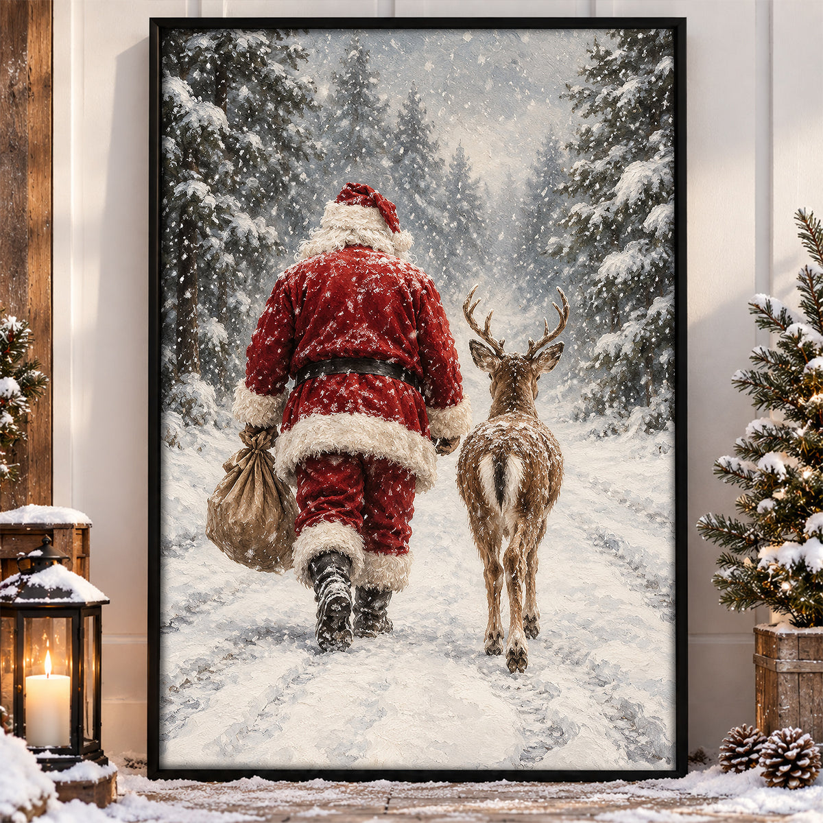 Christmas Santa Claus And Reindeer Canvas Painting, Santa Walking Through Snowy Forest Wall Art Decor, Xmas Poster Gift For Reindeer Lover