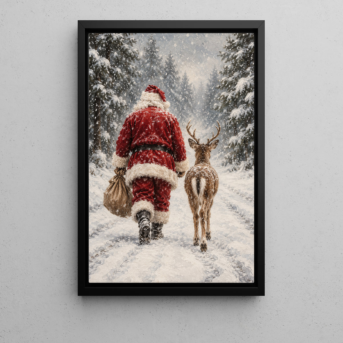 Christmas Santa Claus And Reindeer Canvas Painting, Santa Walking Through Snowy Forest Wall Art Decor, Xmas Poster Gift For Reindeer Lover