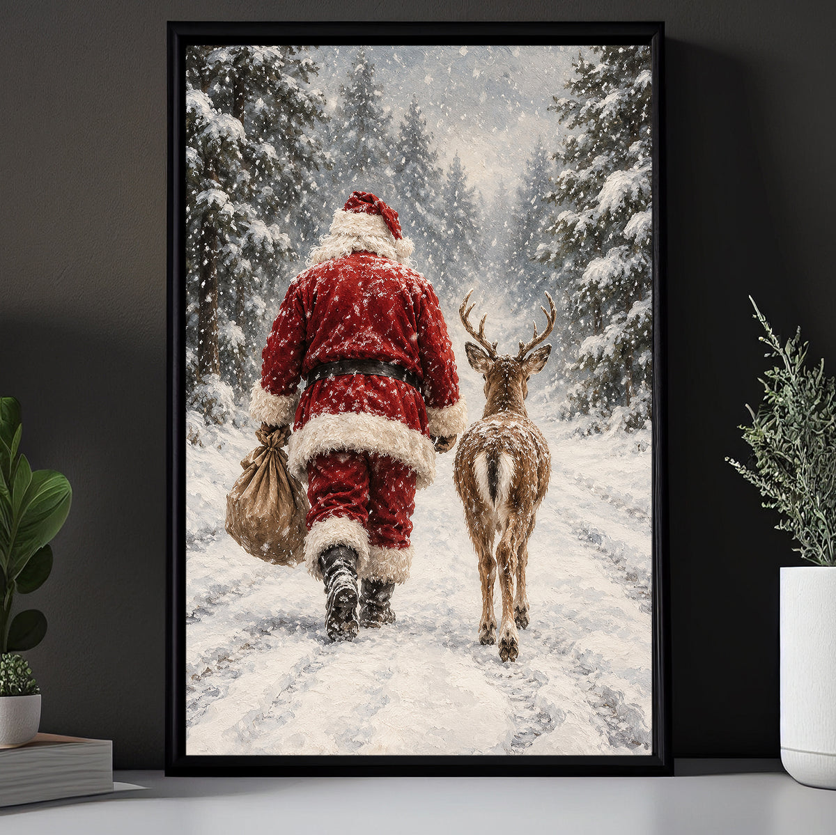 Christmas Santa Claus And Reindeer Canvas Painting, Santa Walking Through Snowy Forest Wall Art Decor, Xmas Poster Gift For Reindeer Lover