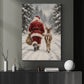 Christmas Santa Claus And Reindeer Canvas Painting, Santa Walking Through Snowy Forest Wall Art Decor, Xmas Poster Gift For Reindeer Lover