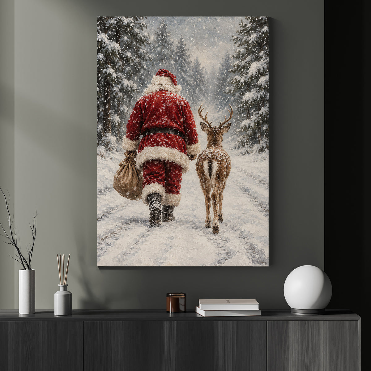 Christmas Santa Claus And Reindeer Canvas Painting, Santa Walking Through Snowy Forest Wall Art Decor, Xmas Poster Gift For Reindeer Lover