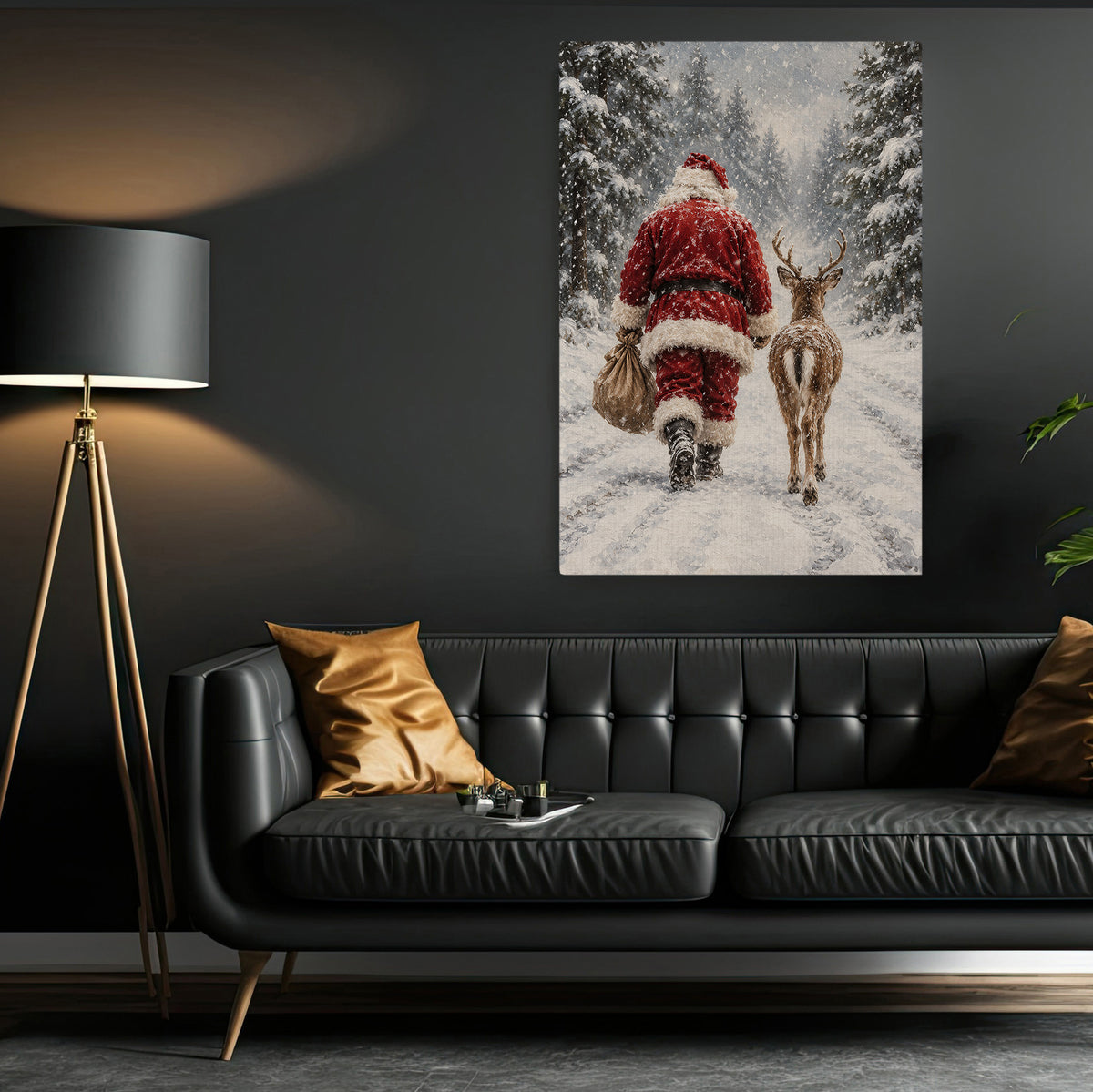Christmas Santa Claus And Reindeer Canvas Painting, Santa Walking Through Snowy Forest Wall Art Decor, Xmas Poster Gift For Reindeer Lover