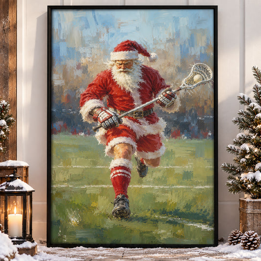 Christmas Lacrosse Canvas Painting, Santa Playing Lacrosse Sport Oil Painting Wall Art Decor, Xmas Poster Gift For Lacrosse Lover