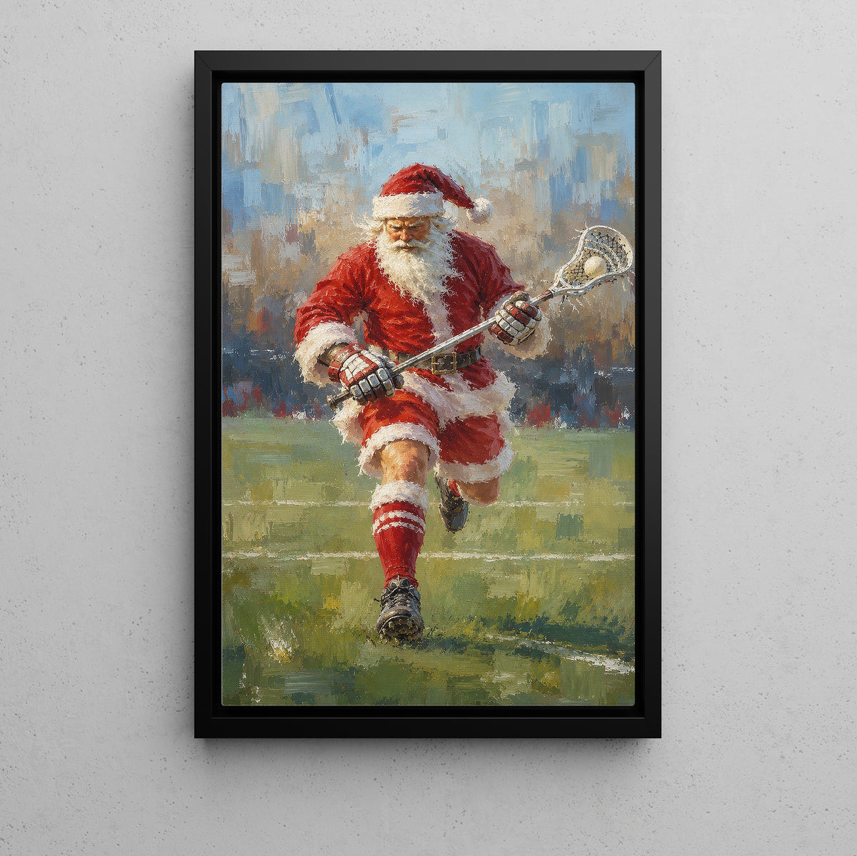 Christmas Lacrosse Canvas Painting, Santa Playing Lacrosse Sport Oil Painting Wall Art Decor, Xmas Poster Gift For Lacrosse Lover