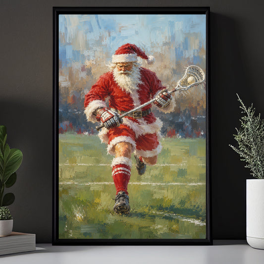 Christmas Lacrosse Canvas Painting, Santa Playing Lacrosse Sport Oil Painting Wall Art Decor, Xmas Poster Gift For Lacrosse Lover
